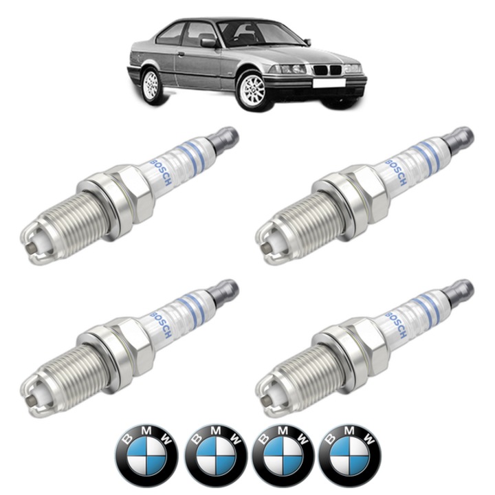 Set 4 Bujii Scanteie BMW Seria 3 (E36) 320 i 150 CP din 1991 - 1998, bujie motor, Bosch, 4x Stickere auto cu BMW