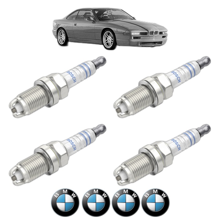 Set 4 Bujii Scanteie BMW Seria 8 (E31) 840 Ci 286 CP din 1996 - 1999, bujie motor, Bosch, 4x Stickere auto cu BMW