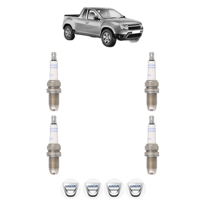 Set 4 Bujii Scanteie DACIA LOGAN Pickup (US_) 1.6 MPI 85 84 CP din 2010, bujie motor, Bosch, 4x Stickere auto cu DACIA