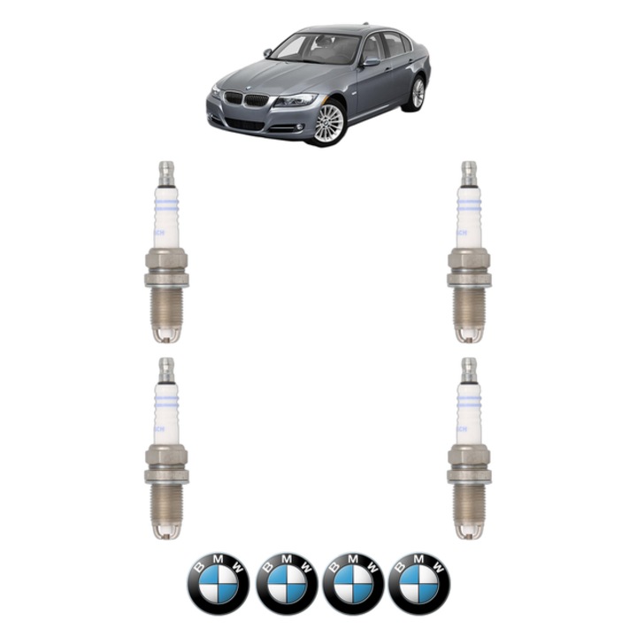 Set 4 Bujii Scanteie BMW Seria 3 (E90) 320 si 173 CP din 2005 - 2006, bujie motor, Bosch, 4x Stickere auto cu BMW