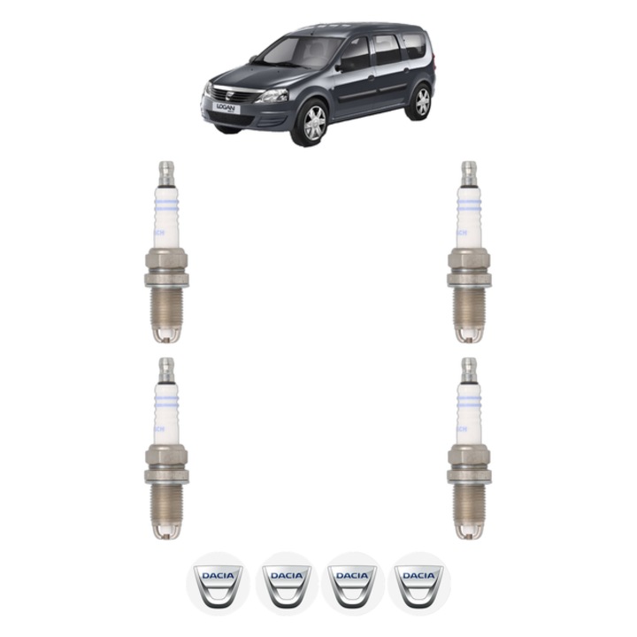 Set 4 Bujii Scanteie DACIA LOGAN MCV (KS_) 1.6 MPI 85 84 CP din 2010, bujie motor, Bosch, 4x Stickere auto cu DACIA