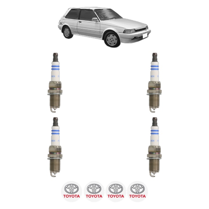 Set 4 Bujii Scanteie TOYOTA COROLLA FX Compact (E8B) 1.6 GT 16V (AE82_) 121 CP din 1985 - 1987, bujie motor, Bosch, 4x Stickere auto cu TOYOTA