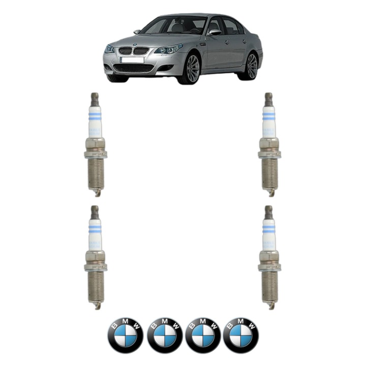 Set 4 Bujii Scanteie BMW Seria 5 (E60) 523 i 177 CP din 2004 - 2007, bujie motor, Bosch, 4x Stickere auto cu BMW