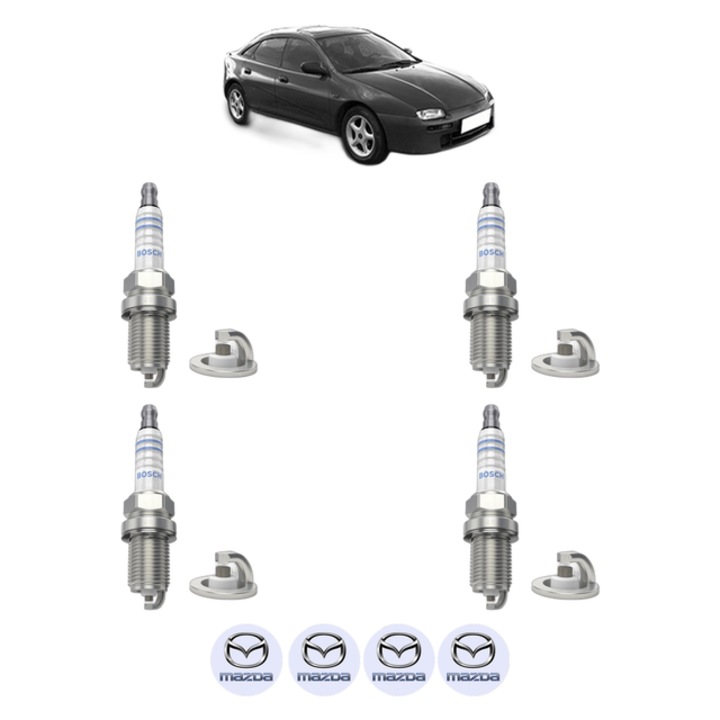 Set 4 Bujii Scanteie MAZDA 323 F V (BA) 1.5 16V (BA11) 88 CP din 1994 - 1998, bujie motor, Bosch, 4x Stickere auto cu MAZDA