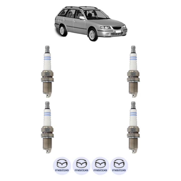 Set 4 Bujii Scanteie MAZDA 626 V Station Wagon (GW) 1.8 (GW8W) 100 CP din 2000 - 2002, bujie motor, Bosch, 4x Stickere auto cu MAZDA