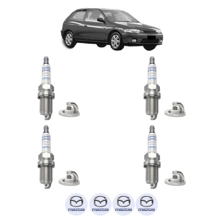 Set 4 Bujii Scanteie MAZDA 323 P V (BA) 1.5 16V 88 CP din 1996 - 1998, bujie motor, Bosch, 4x Stickere auto cu MAZDA