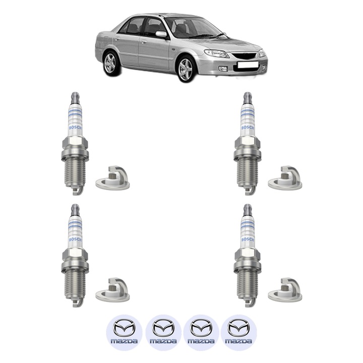 Set 4 Bujii Scanteie MAZDA 323 S VI Saloon (BJ) 1.9 16V (BJ10M) 114 CP din 1998 - 2004, bujie motor, Bosch, 4x Stickere auto cu MAZDA