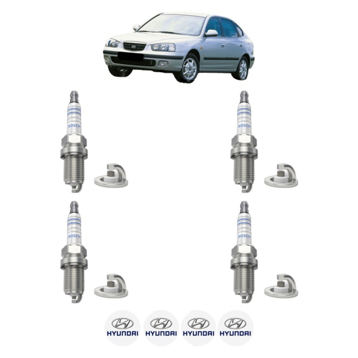 Set 4 Bujii Scanteie HYUNDAI ELANTRA III (XD) 1.6 105 CP din 2003 - 2006, bujie motor, Bosch, 4x Stickere auto cu HYUNDAI