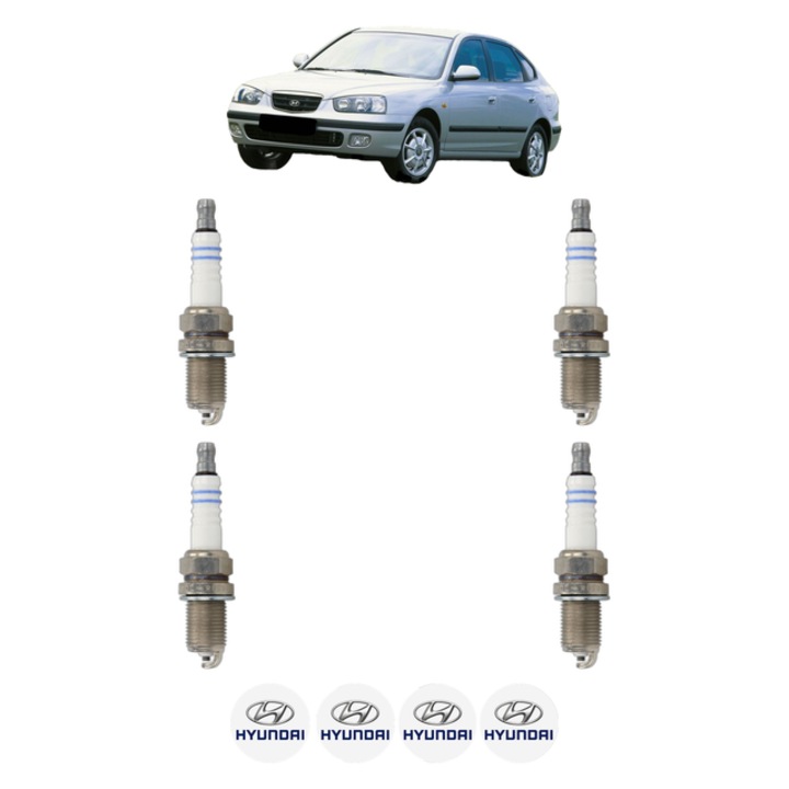 Set 4 Bujii Scanteie HYUNDAI ELANTRA III (XD) 1.6 90 CP din 2000 - 2006, bujie motor, Bosch, 4x Stickere auto cu HYUNDAI