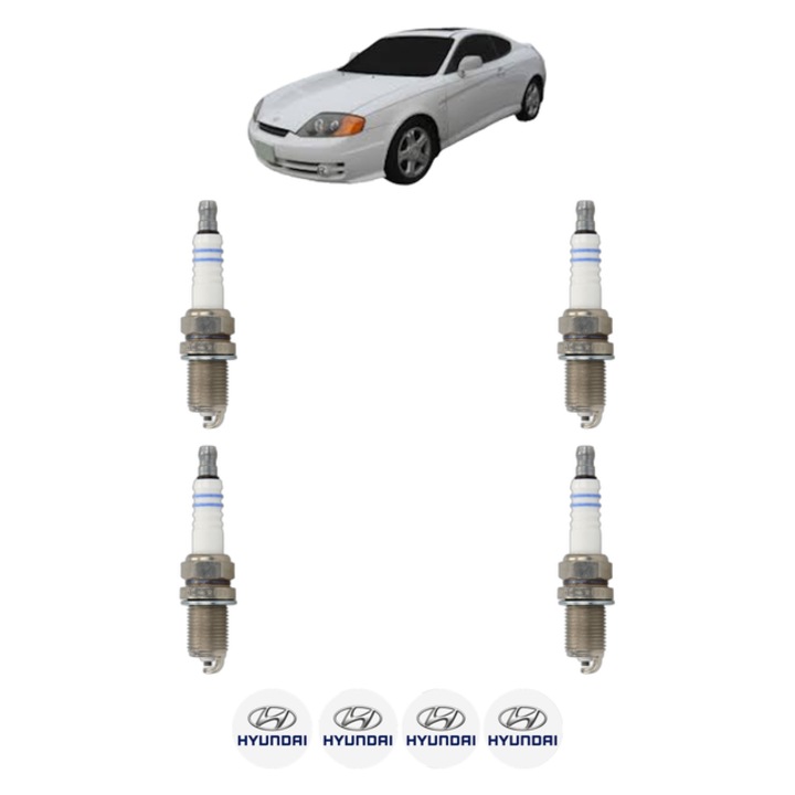Set 4 Bujii Scanteie HYUNDAI COUPE II (GK) 1.6 16V 107 CP din 2002 - 2009, bujie motor, Bosch, 4x Stickere auto cu HYUNDAI