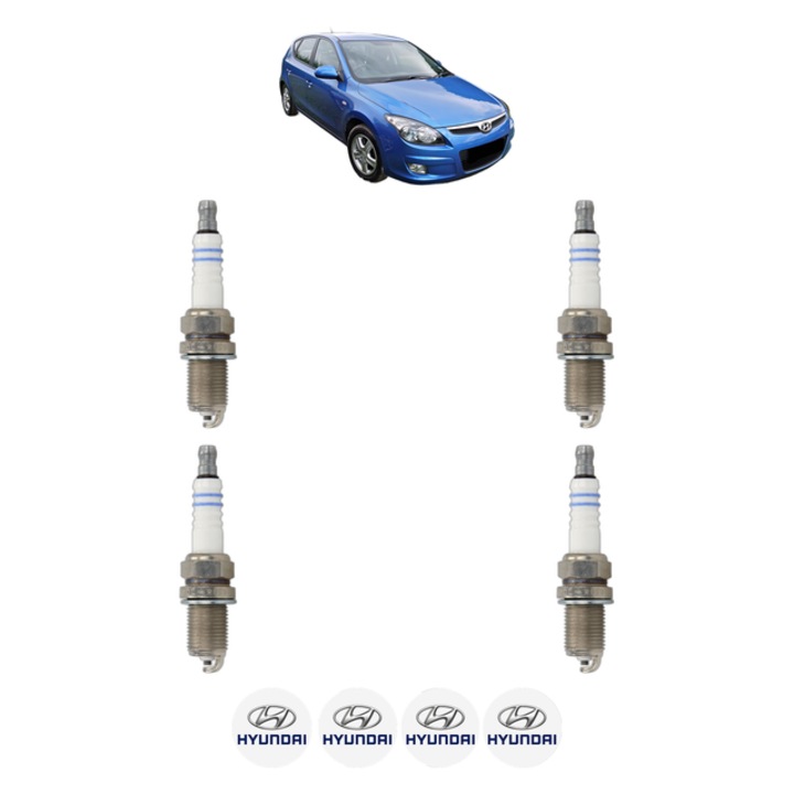 Set 4 Bujii Scanteie HYUNDAI i30 (FD) 2 143 CP din 2007 - 2011, bujie motor, Bosch, 4x Stickere auto cu HYUNDAI