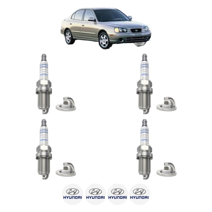 Set 4 Bujii Scanteie HYUNDAI ELANTRA III Saloon (XD) 1.6 107 CP din 2000 - 2006, bujie motor, Bosch, 4x Stickere auto cu HYUNDAI