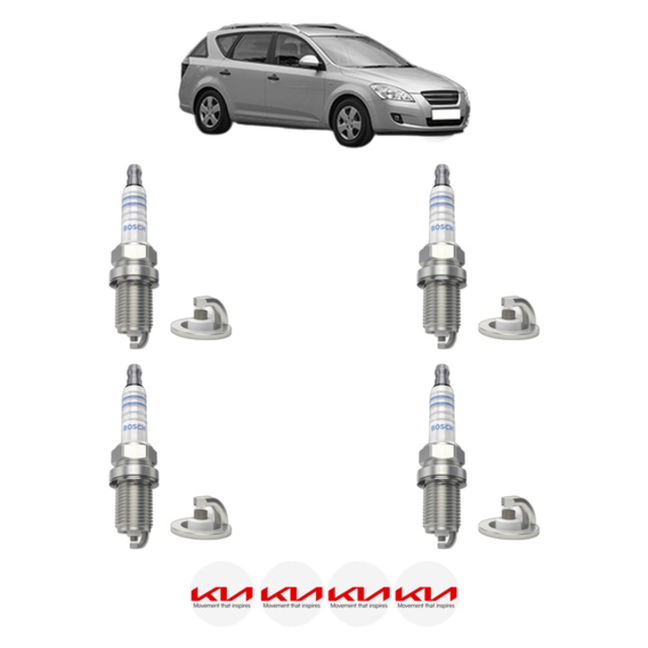 Set 4 Bujii Scanteie KIA CEE'D SW (ED) 2.0 143 CP din 2007 - 2012, bujie motor, Bosch, 4x Stickere auto cu KIA