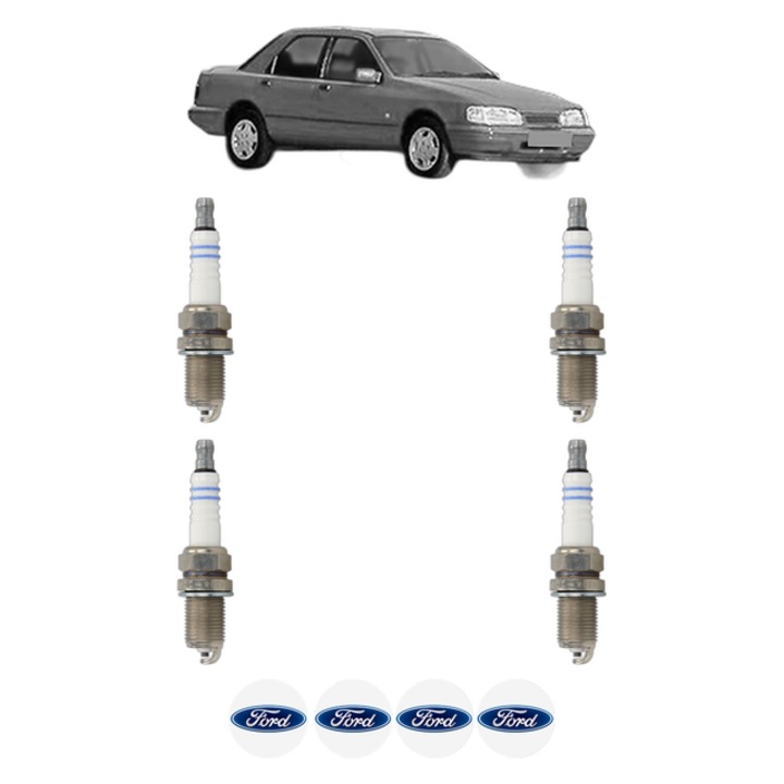 Set 4 Bujii Scanteie FORD SIERRA II (GBG, GB4) 2.9 4x4 145 CP din 1988 - 1993, bujie motor, Bosch, 4x Stickere auto cu FORD