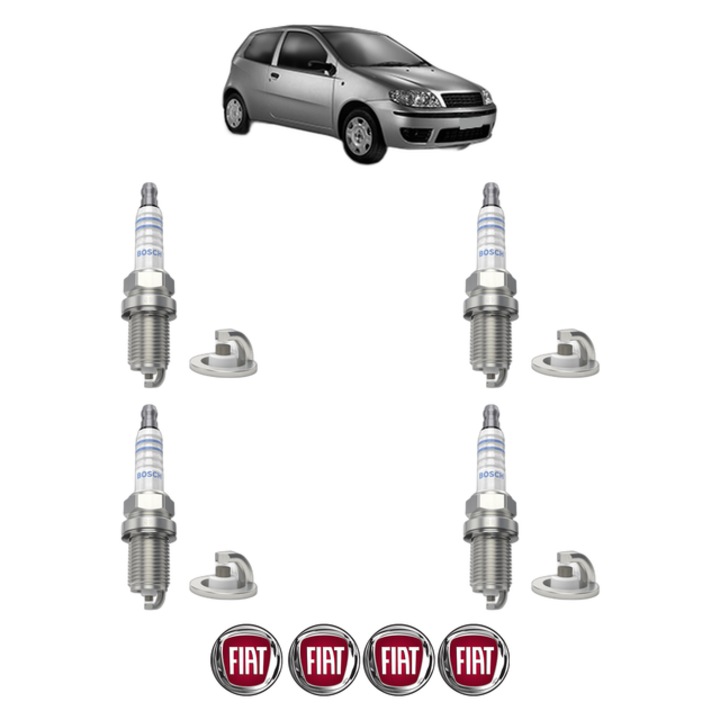Set 4 Bujii Scanteie FIAT PUNTO (188_) 1.4 83 CP din 2007 - 2012, bujie motor, Bosch, 4x Stickere auto cu FIAT