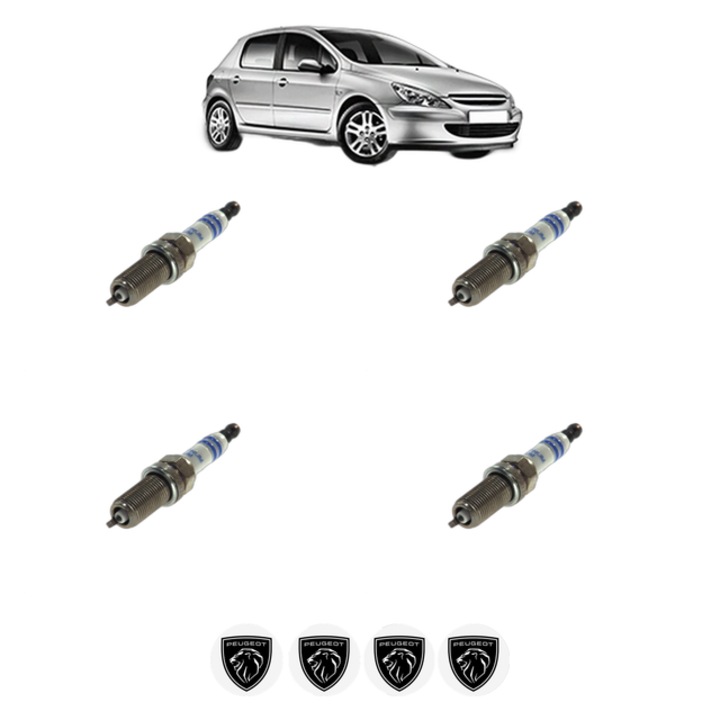 Set 4 Bujii Scanteie PEUGEOT 307 (3A/C) 2.0 16V 140 CP din 2005 - 2007, bujie motor, Bosch, 4x Stickere auto cu PEUGEOT