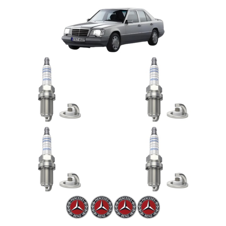 Set 4 Bujii Scanteie MERCEDES-BENZ E-CLASS (W124) E 200 (124.019) 136 CP din 1993 - 1995, bujie motor, Bosch, 4x Stickere auto cu MERCEDES-BENZ