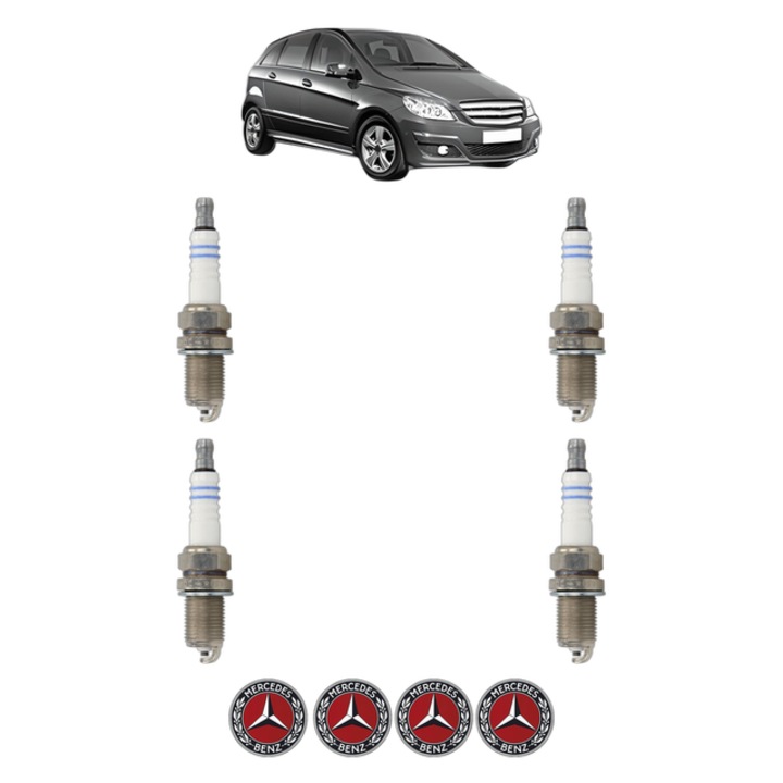 Set 4 Bujii Scanteie MERCEDES-BENZ B-CLASS Sports Tourer (W245) B 150 (245.231) 95 CP din 2005 - 2011, bujie motor, Bosch, 4x Stickere auto cu MERCEDES-BENZ