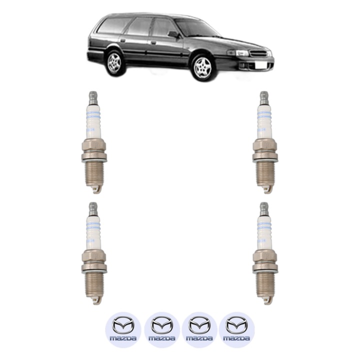 Set 4 Bujii Scanteie MAZDA 626 IV Hatchback (GE) 1.8 (GE8P) 90 CP din 1994 - 1997, bujie motor, Bosch, 4x Stickere auto cu MAZDA