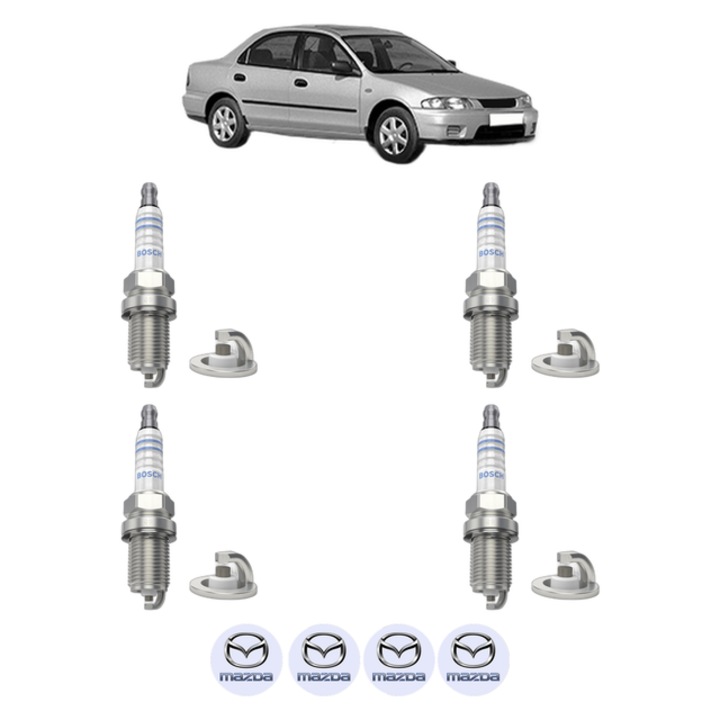 Set 4 Bujii Scanteie MAZDA 323 S V (BA) 1.5 16V (BA11) 88 CP din 1994 - 1998, bujie motor, Bosch, 4x Stickere auto cu MAZDA