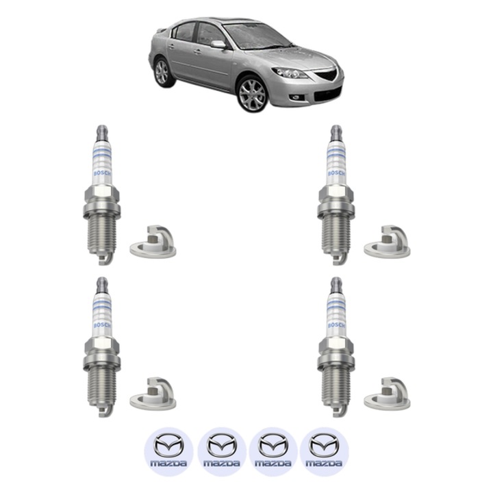 Set 4 Bujii Scanteie MAZDA 3 Saloon (BK) 1.6 (BK12) 105 CP din 2004 - 2009, bujie motor, Bosch, 4x Stickere auto cu MAZDA