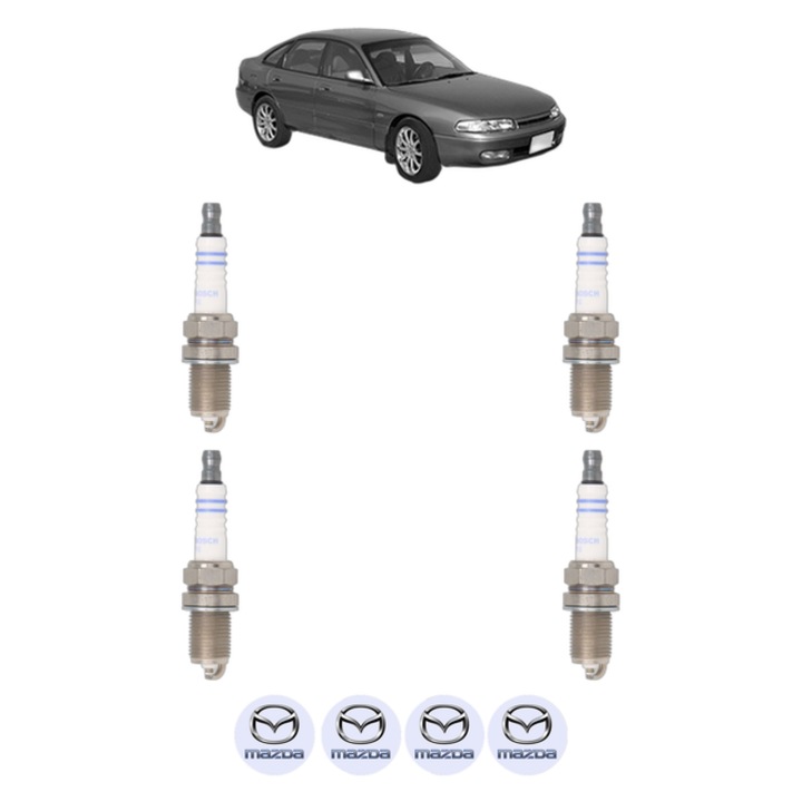Set 4 Bujii Scanteie MAZDA 626 IV (GE) 1.8 i (GE8P) 105 CP din 1991 - 1997, bujie motor, Bosch, 4x Stickere auto cu MAZDA