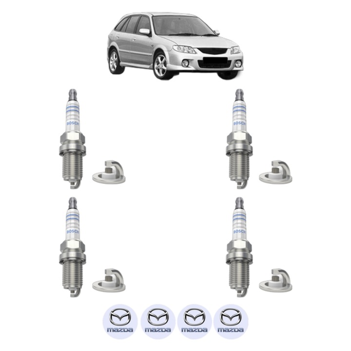 Set 4 Bujii Scanteie MAZDA 323 F VI Hatchback (BJ) 1.8 Astina (BJ10, BJ8S) 125 CP din 1998 - 2004, bujie motor, Bosch, 4x Stickere auto cu MAZDA