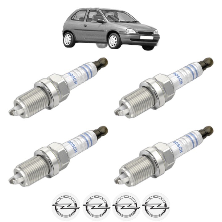 Set 4 Bujii Scanteie OPEL CORSA B (S93) 1.6 i 16V (F08, F68, M68) 100 CP din 1997 - 2000, bujie motor, Bosch, 4x Stickere auto cu OPEL