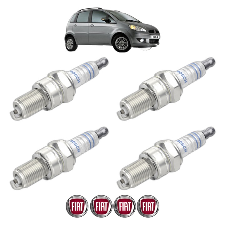 Set 4 Bujii Scanteie FIAT IDEA (350_) 1.8 110 CP din 2008 - 2010, bujie motor, Bosch, 4x Stickere auto cu FIAT