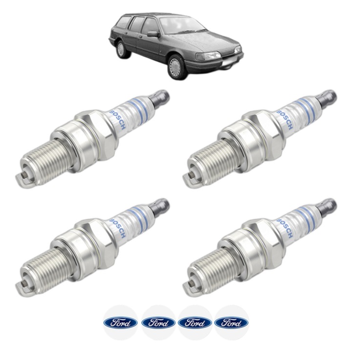 Set 4 Bujii Scanteie FORD SIERRA II Turnier (BNG) 2.8 i 4x4 146 CP din 1987 - 1993, bujie motor, Bosch, 4x Stickere auto cu FORD