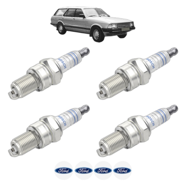 Set 4 Bujii Scanteie FORD GRANADA Turnier (GNU) 2.8 i 150 CP din 1982 - 1985, bujie motor, Bosch, 4x Stickere auto cu FORD