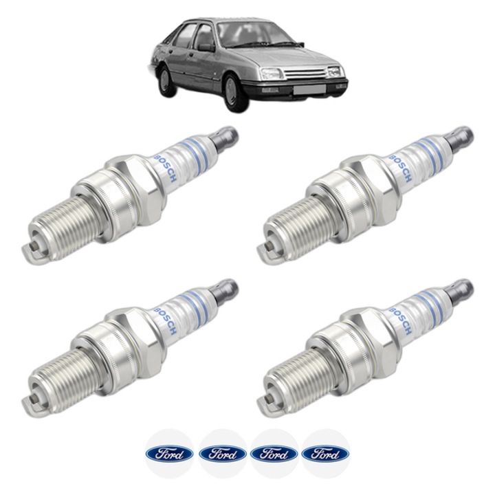 Set 4 Bujii Scanteie FORD SIERRA I Hatchback (GBC) 2.8 XR 4x4 150 CP din 1985 - 1986, bujie motor, Bosch, 4x Stickere auto cu FORD
