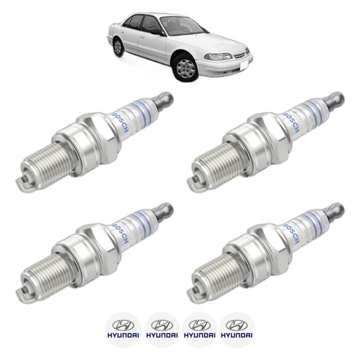Set 4 Bujii Scanteie HYUNDAI SONATA III (Y-3) 3.0 i V6 146 CP din 1993 - 1998, bujie motor, Bosch, 4x Stickere auto cu HYUNDAI