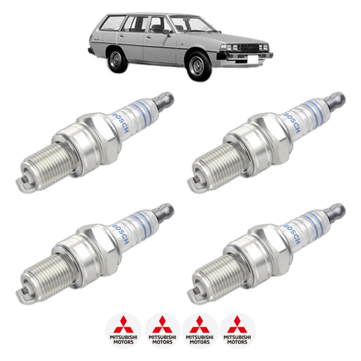 Set 4 Bujii Scanteie MITSUBISHI GALANT IV Station Wagon (A16_V) 1.6 GLX (A161V) 75 CP din 1980 - 1984, bujie motor, Bosch, 4x Stickere auto cu MITSUBISHI
