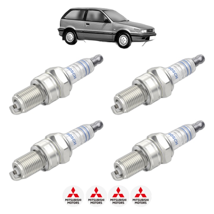 Set 4 Bujii Scanteie MITSUBISHI COLT III (C5_A) 1.3 (C51A) 70 CP din 1988 - 1992, bujie motor, Bosch, 4x Stickere auto cu MITSUBISHI