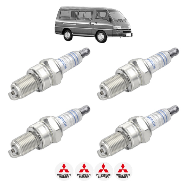 Set 4 Bujii Scanteie MITSUBISHI L 300 III Bus (P0_W, P1_W, P2_W, P3_W) 2.4 4WD (P24W) 112 CP din 1986 - 2004, bujie motor, Bosch, 4x Stickere auto cu MITSUBISHI