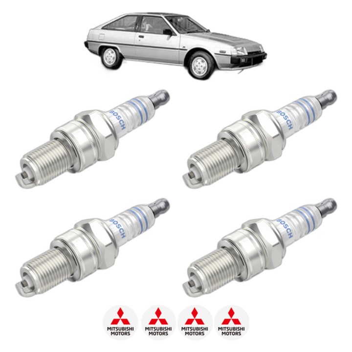Set 4 Bujii Scanteie MITSUBISHI CORDIA (A21_A, AB, AC) 1.8 GSL (A215A) 90 CP din 1986 - 1989, bujie motor, Bosch, 4x Stickere auto cu MITSUBISHI