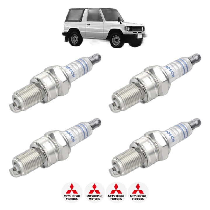 Set 4 Bujii Scanteie MITSUBISHI PAJERO I Canvas Top (L04_G) 2.6 (L042G, L047G) 103 CP din 1983 - 1990, bujie motor, Bosch, 4x Stickere auto cu MITSUBISHI