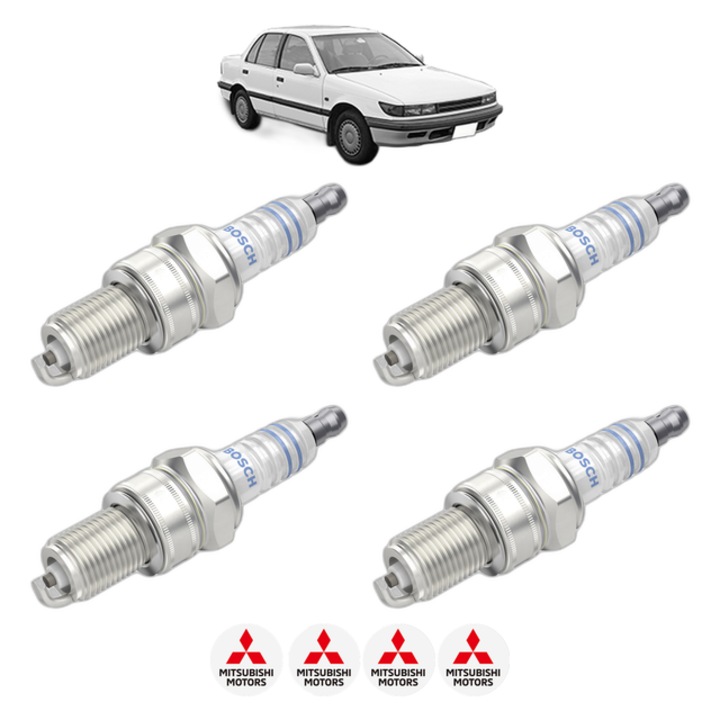 Set 4 Bujii Scanteie MITSUBISHI LANCER IV (C6_A, C7_A) 1.5 (C62A) 84 CP din 1988 - 1992, bujie motor, Bosch, 4x Stickere auto cu MITSUBISHI