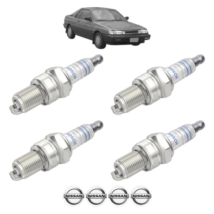 Set 4 Bujii Scanteie NISSAN SUNNY II Coupe (B12) 1.5 71 CP din 1986 - 1988, bujie motor, Bosch, 4x Stickere auto cu NISSAN