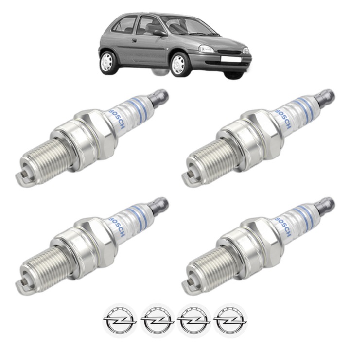 Set 4 Bujii Scanteie OPEL CORSA B (S93) 1.4 i 16V (F08, F68, M68) 86 CP din 1997 - 2000, bujie motor, Bosch, 4x Stickere auto cu OPEL