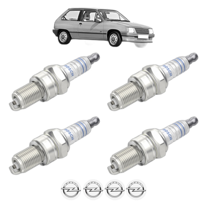 Set 4 Bujii Scanteie OPEL CORSA A TR (S83) 1.2 S (F11, M11, M19, F19) 55 CP din 1982 - 1993, bujie motor, Bosch, 4x Stickere auto cu OPEL