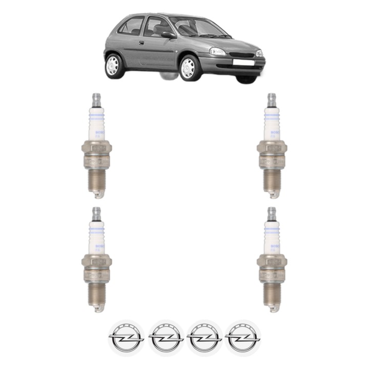 Set 4 Bujii Scanteie OPEL CORSA B (S93) 1.6 i 16V (F08, F68, M68) 100 CP din 1997 - 2000, bujie motor, Bosch, 4x Stickere auto cu OPEL