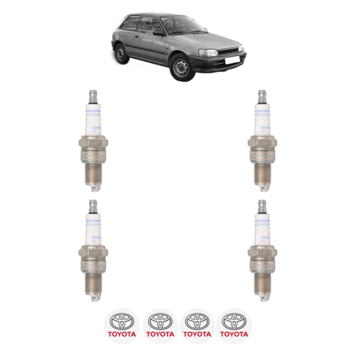 Set 4 Bujii Scanteie TOYOTA STARLET (_P8_) 1.3 12V Cat (EP81) 75 CP din 1989 - 1996, bujie motor, Bosch, 4x Stickere auto cu TOYOTA