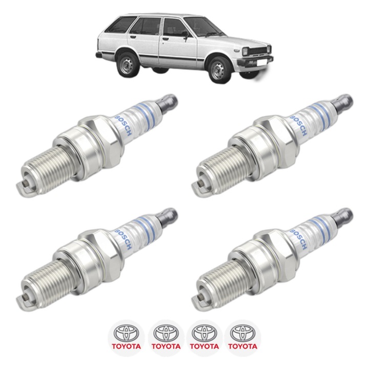 Set 4 Bujii Scanteie TOYOTA STARLET Estate (KP6_) 1.2 (KP62_, KP62R) 53 CP din 1979 - 1982, bujie motor, Bosch, 4x Stickere auto cu TOYOTA