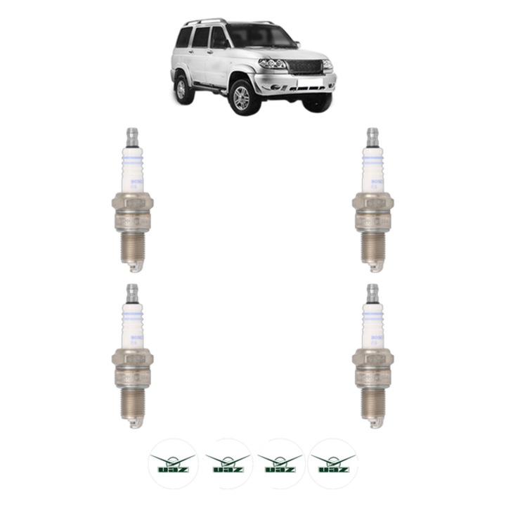 Set 4 Bujii Scanteie UAZ PATRIOT 2.7 128 CP din 2004, bujie motor, Bosch, 4x Stickere auto cu UAZ