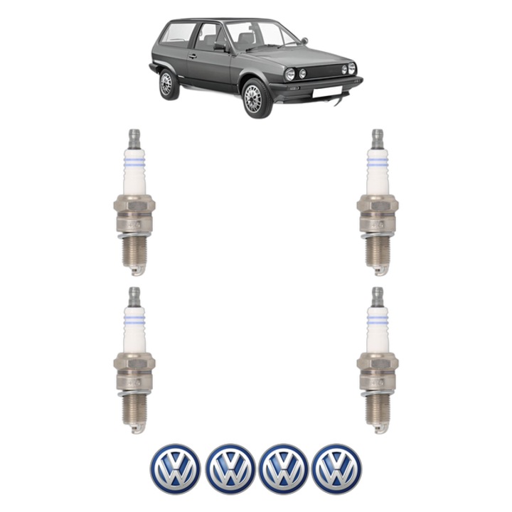 Set 4 Bujii Scanteie Volkswagen POLO II (86C, 80) 1.3 75 CP din 1982 - 1989, bujie motor, Bosch, 4x Stickere auto cu Volkswagen