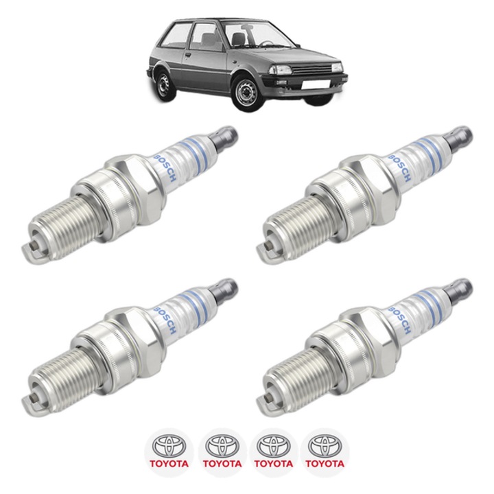 Set 4 Bujii Scanteie TOYOTA STARLET (_P7_) 1.0 (EP70L, EP70R) 54 CP din 1984 - 1989, bujie motor, Bosch, 4x Stickere auto cu TOYOTA
