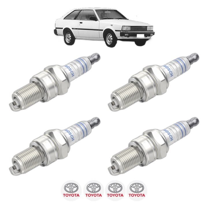 Set 4 Bujii Scanteie TOYOTA COROLLA Hatchback (_E7_) 1.3 (KE70) 65 CP din 1982 - 1983, bujie motor, Bosch, 4x Stickere auto cu TOYOTA