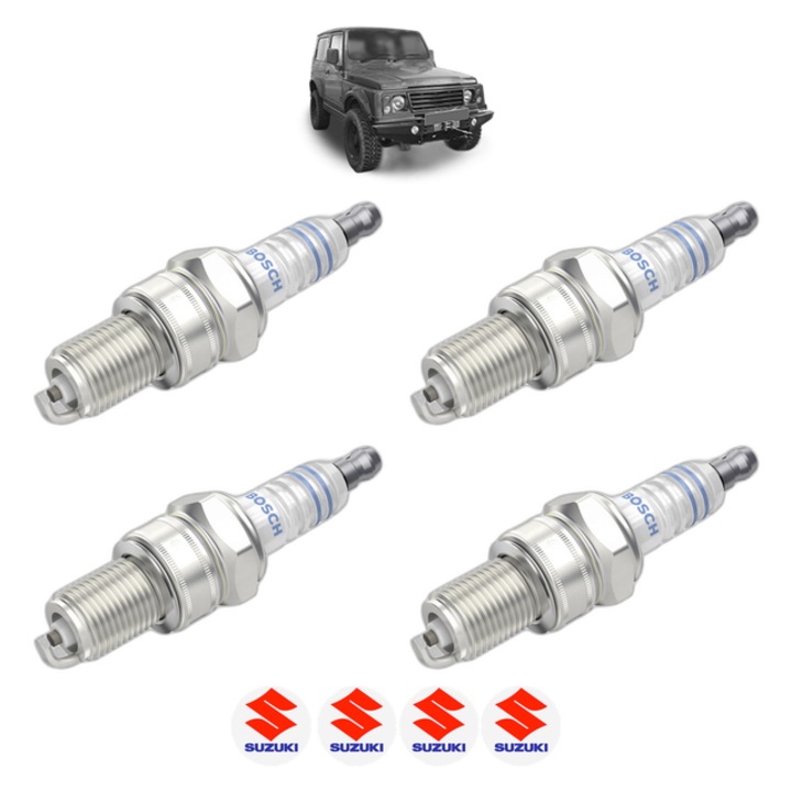 Set 4 Bujii Scanteie SUZUKI SAMURAI Closed Off-Road Vehicle (SJ_) 1.3 All-wheel Drive (SJ413) 60 CP din 1988 - 2004, bujie motor, Bosch, 4x Stickere auto cu SUZUKI
